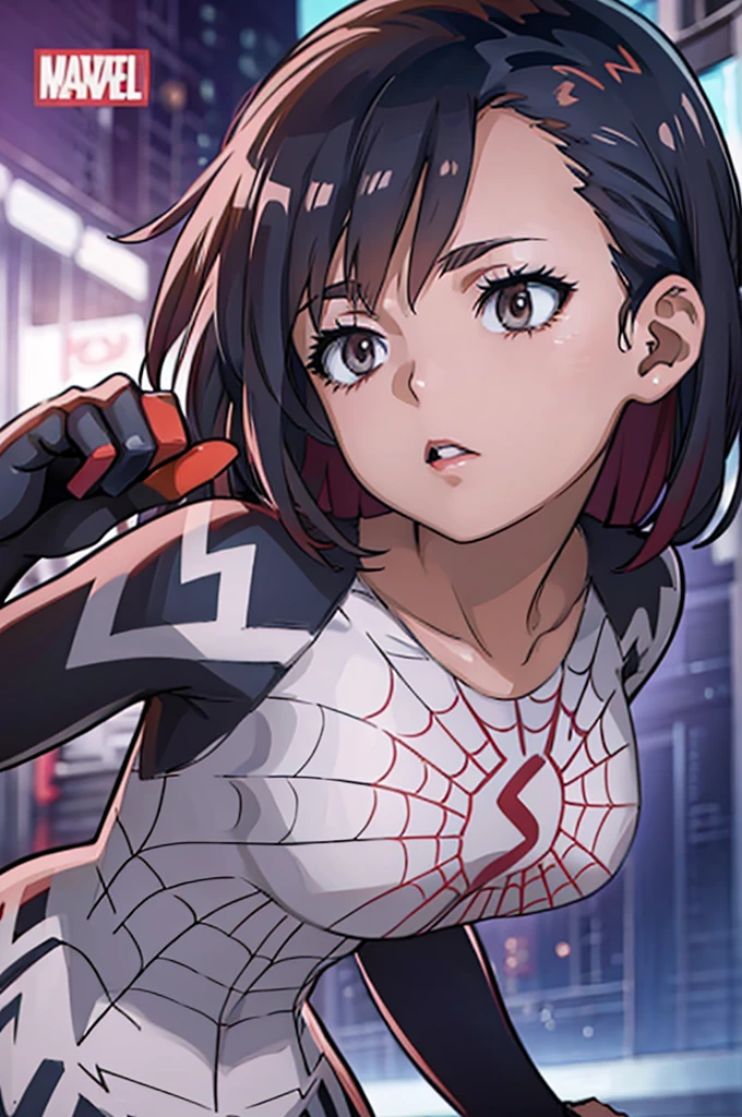 uraraka ochako, mha series, uraraka ochako, ((spider gwen)), spider gwen, wearing spider gwen suit, mask, hero mask, white face mask, white domino mask with white big eyes, beautiful detailed eyes, beautiful detailed lips, extremely detailed eyes and face, long eyelashes, dynamic action pose, intense focus, cinematic lighting, high contrast, vibrant colors, digital art, highly detailed, photorealistic, masterpiece, 8k, ultra-detailed
