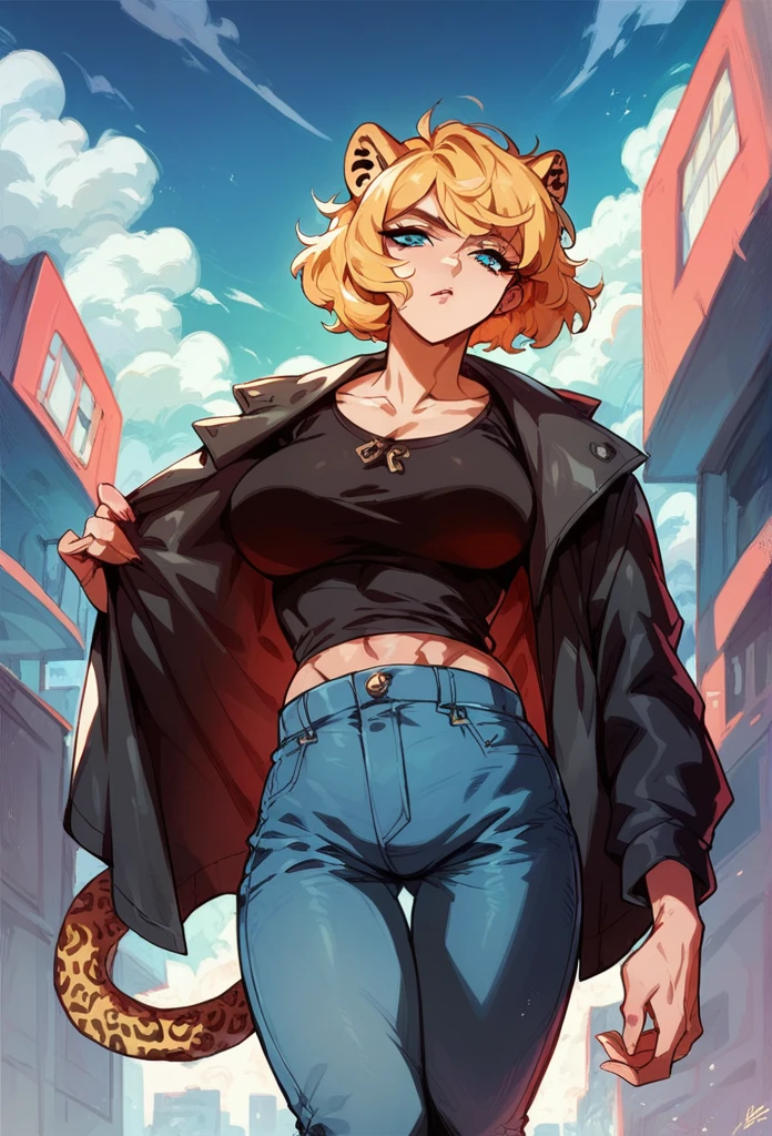 mature woman,muscular,long spiky blonde hair, jaguar ear (without human ears),jaguar tail, short jeans feminino,black jersey,jeans jacket. city in the background.