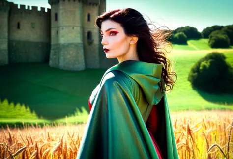 full bodyportrait, side view, of dark haired beautiful woman with red eyes, wearing a green gown and green cloak, style of frank...