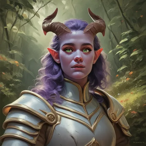 a fat purple-skinned tiefling female，brown horns，purple hair，green eyes，3/4. body，the background is a forest，warrior outfit，red ...