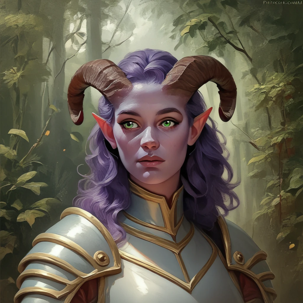 A fat purple-skinned tiefling female，Brown horns，Purple hair，Green eyes，3/4. Body，The background is a forest，Warrior Outfit，Red and white armor