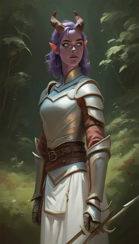 a fat purple-skinned tiefling female，brown horns，purple hair，green eyes，3/4. body，the background is a forest，warrior outfit，red ...