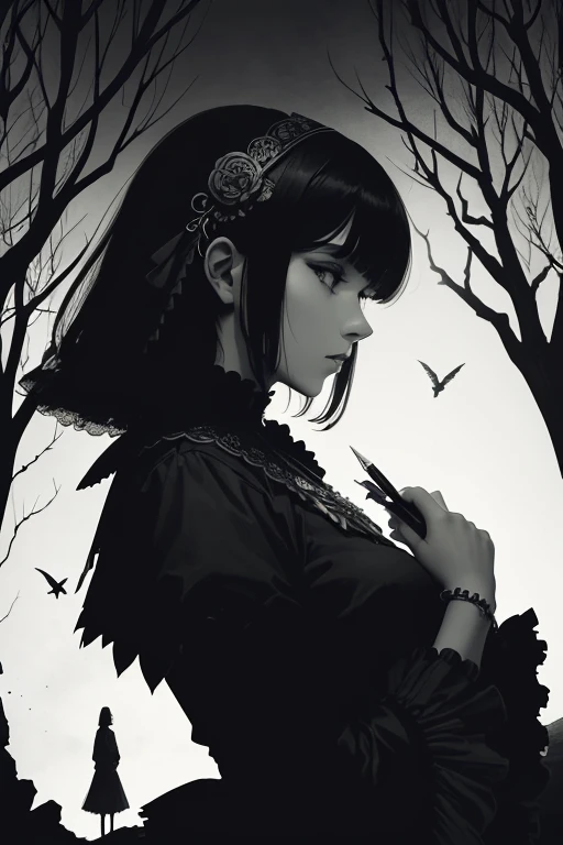 Beardsley style, ink art, pen and ink, (Best Quality, masutepiece:1.2),(black and white comic core:1.1),(extreme high contrast), 8K, SILHOUETTE, Dark ink, 1 beautiful girl, side view, Profile, victorian_gothic_costume, bob_cut_hair, bangs, (Beautiful Hands), Very_beautiful_face, very_beautiful_eyes, even_eyes, ruins, Apocalypse, A walking big creature in the background, Seven trumpets, Surrealist art , dream-like, Mysterious, Provocative, symbolic, Complex,