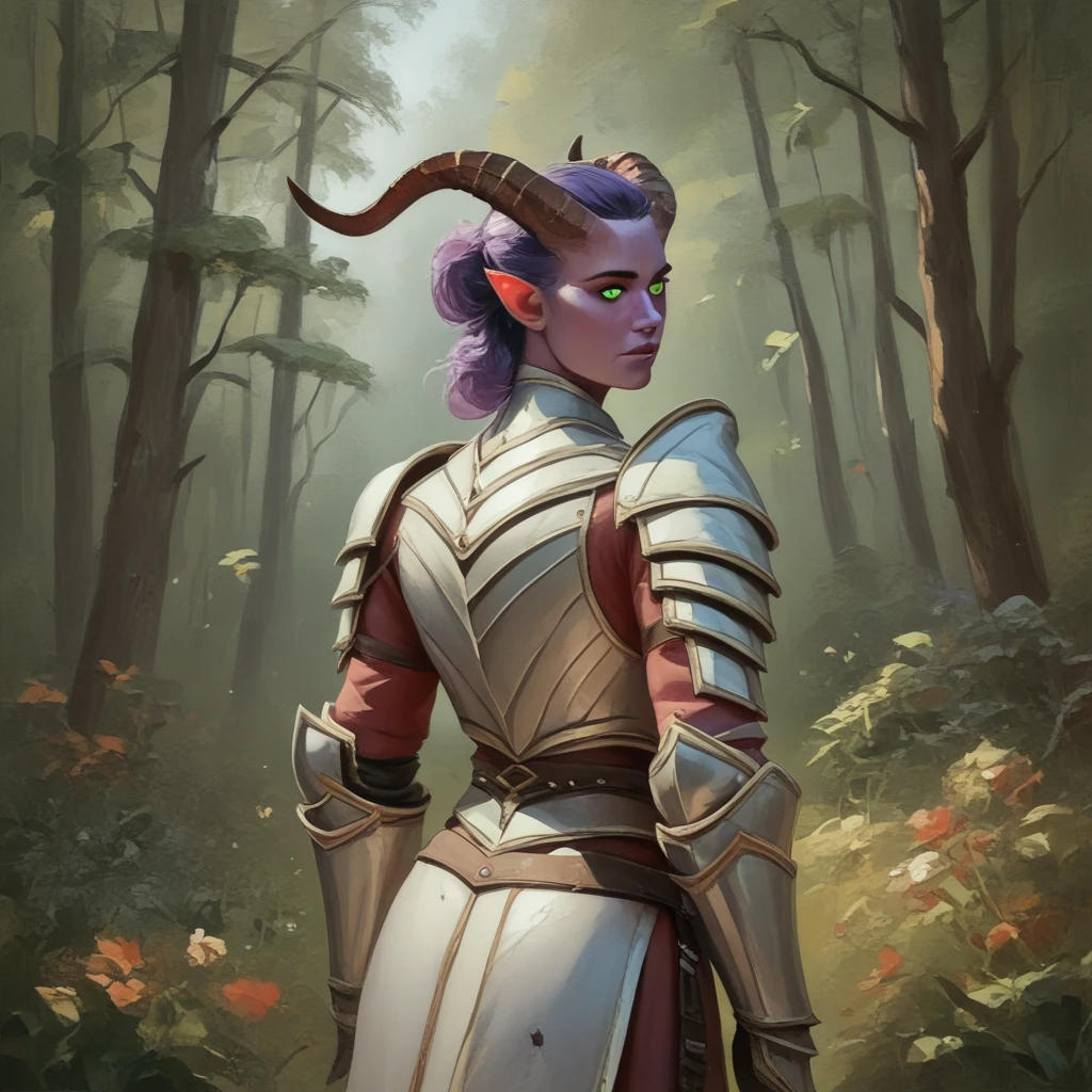 A fat purple-skinned tiefling female，Brown horns，Purple hair，Green eyes，3/4. Body，Behind it is a wood，Warrior Outfit，Red and white armor