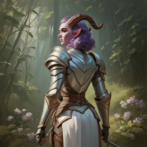 a fat purple-skinned tiefling female，brown horns，purple hair，green eyes，3/4. body，behind it is a wood，warrior outfit，red and whi...