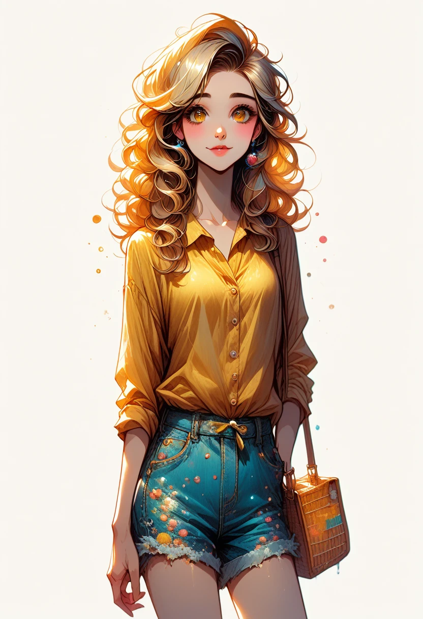 black woman with blonde hair and a yellow shirt is standing and denim shorts in digital illustration style, cartoon style illustration, art trends, in bowater's artistic style, highly detailed character design, charlie bowater style, cute cartoon style, Charlie Bowater's art style, impressive art style, colorful illustration, detailed fashion illustration, wavy hair yellow theme