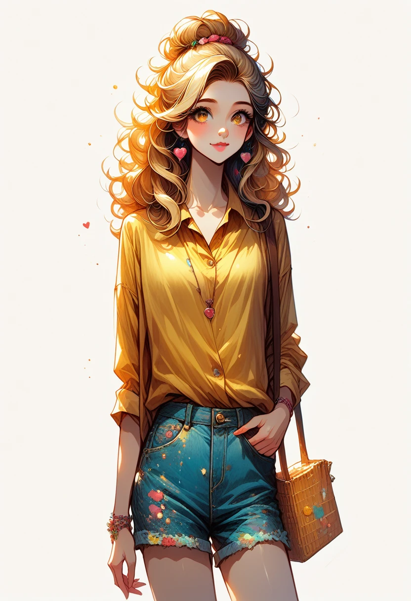 black woman with blonde hair and a yellow shirt is standing and denim shorts in digital illustration style, cartoon style illustration, art trends, in bowater's artistic style, highly detailed character design, charlie bowater style, cute cartoon style, Charlie Bowater's art style, impressive art style, colorful illustration, detailed fashion illustration, wavy hair yellow theme