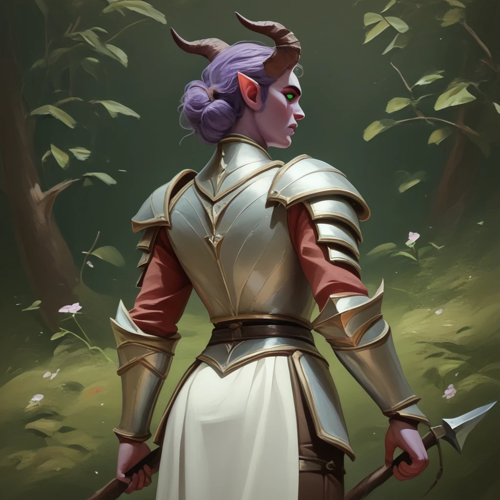 A fat purple-skinned tiefling female，Brown horns，Purple hair，Green eyes，3/4. Body，Behind it is a wood，Warrior Outfit，Red and white armor