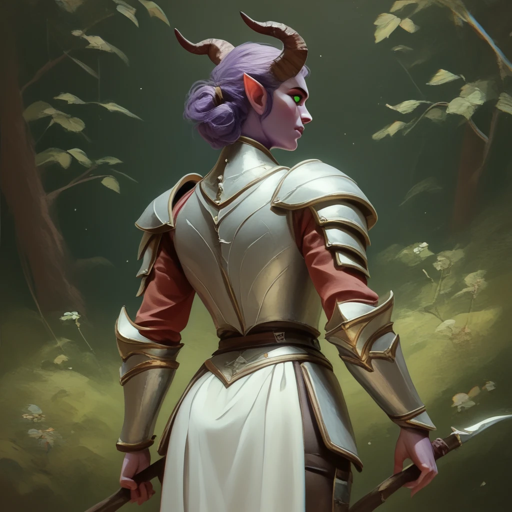 A fat purple-skinned tiefling female，Brown horns，Purple hair，Green eyes，3/4. Body，Behind it is a wood，Warrior Outfit，Red and white armor