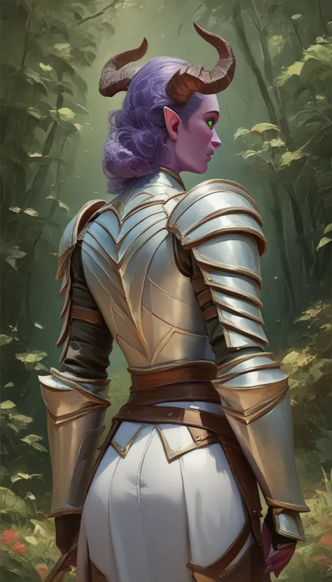 a fat purple-skinned tiefling female，brown horns，purple hair，green eyes，3/4. body，behind it is a wood，warrior outfit，red and whi...