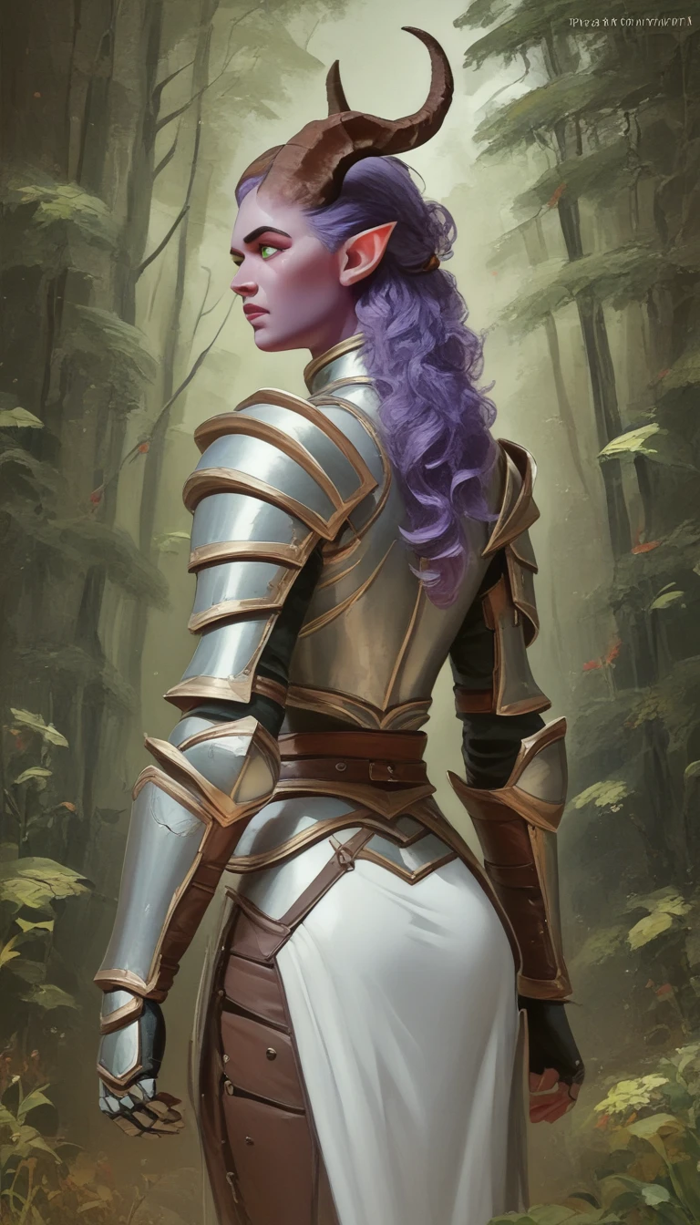 A fat purple-skinned tiefling female，Brown horns，Purple hair，Green eyes，3/4. Body，Behind it is a wood，Warrior Outfit，Red and white armor