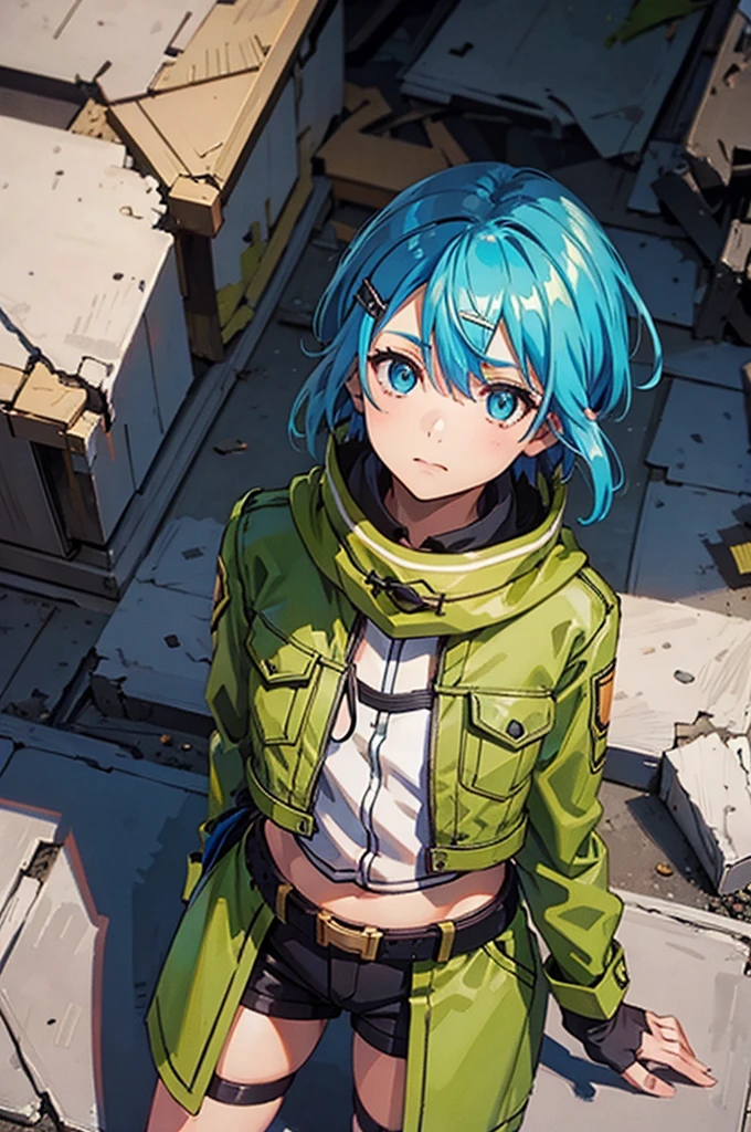 (masterpiece), Highest quality, Expressive eyes, Perfect Face, High resolution, Chinon 1, scarf, Fingerless gloves, Long sleeve, Short shorts, hair ornaments, Hair Clip, Green knee socks, Green jacket, Thigh straps, Field, Ruins Background, Destroyed building, Are standing, Portraiture,  Looking at the audience, (From above:2)