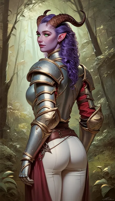 a fat purple-skinned tiefling female，brown horns，purple hair，green eyes，3/4. body，behind it is a wood，warrior outfit，red and whi...