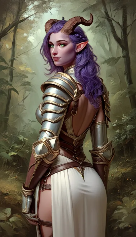 a fat purple-skinned tiefling female，brown horns，purple hair，green eyes，3/4. body，behind it is a wood，warrior outfit，red and whi...