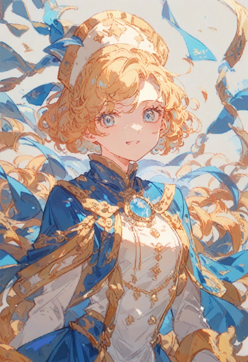 Human girl about 10 years old。Priest in a fantasy world。White base with gold embroidery、Blue robes as accent color。Flaxen-colored curly hair。Plain white background。