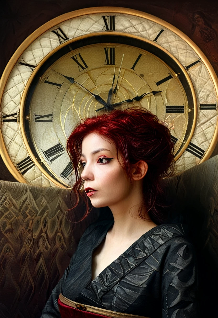 illustration of a creepy lady, black stringy hair, surrounded by representations of time, from flowing hourglasses to a distorted clock faces, embroidery, paint, metal, rust, fabric, scratches, perfect mirror reflections, hyperdetailed painting by Ismail Inceoglu, Huang Guangjian and Dan Witz CGSociety, ZBrush Central, a painting of cute lady red hair by james paick, richard schmid by Shelby Robertson, highly detailed, extremely detailed, delicate detail, crisp quality, ultra realistic, hyperrealistic, award jenny saville, edward hopper, surrealism, dark art by james jean, takato yamamoto, An evocative piece inspired by haunted themes featuring the stylistic touches of Aleksey Kondratyevich Savrasov and Kate Barry, emphasizing a heavenly mood, painting, ominous, textured brushstrokes, soul-touching, shadow play, high grade oil on canvas, sepia tones, ethereal, surreal beauty.fantasy art, album cover art, 8k, octane render, sf, intricate artwork masterpiece, ominous, matte painting movie poster, golden ratio, trending on cgsociety, intricate, epic, trending on artstation, by artgerm, h. r. giger and beksinski, highly detailed, vibrant, production cinematic character render, ultra high quality model
