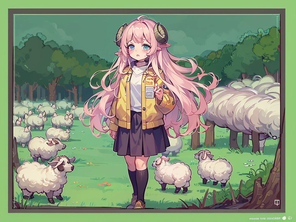 masterpiece, Highest quality, 8k, Pixel Art, cute, Vivid, Sheep, young woman, crying with eyes open, ((@ @:1.3)), I&#39;m worried, Open your mouth, Looking at the map, Full body portrait, (Fluffy pink hair:1.3, Long Hair, Sheep-like hair:1.2), (Thick eyebrows), one piece, Pink clothes, Long skirt, cardigan, 水色のcardigan, shoes, 茶色いshoes, Metropolis, I&#39;m lost, carry case