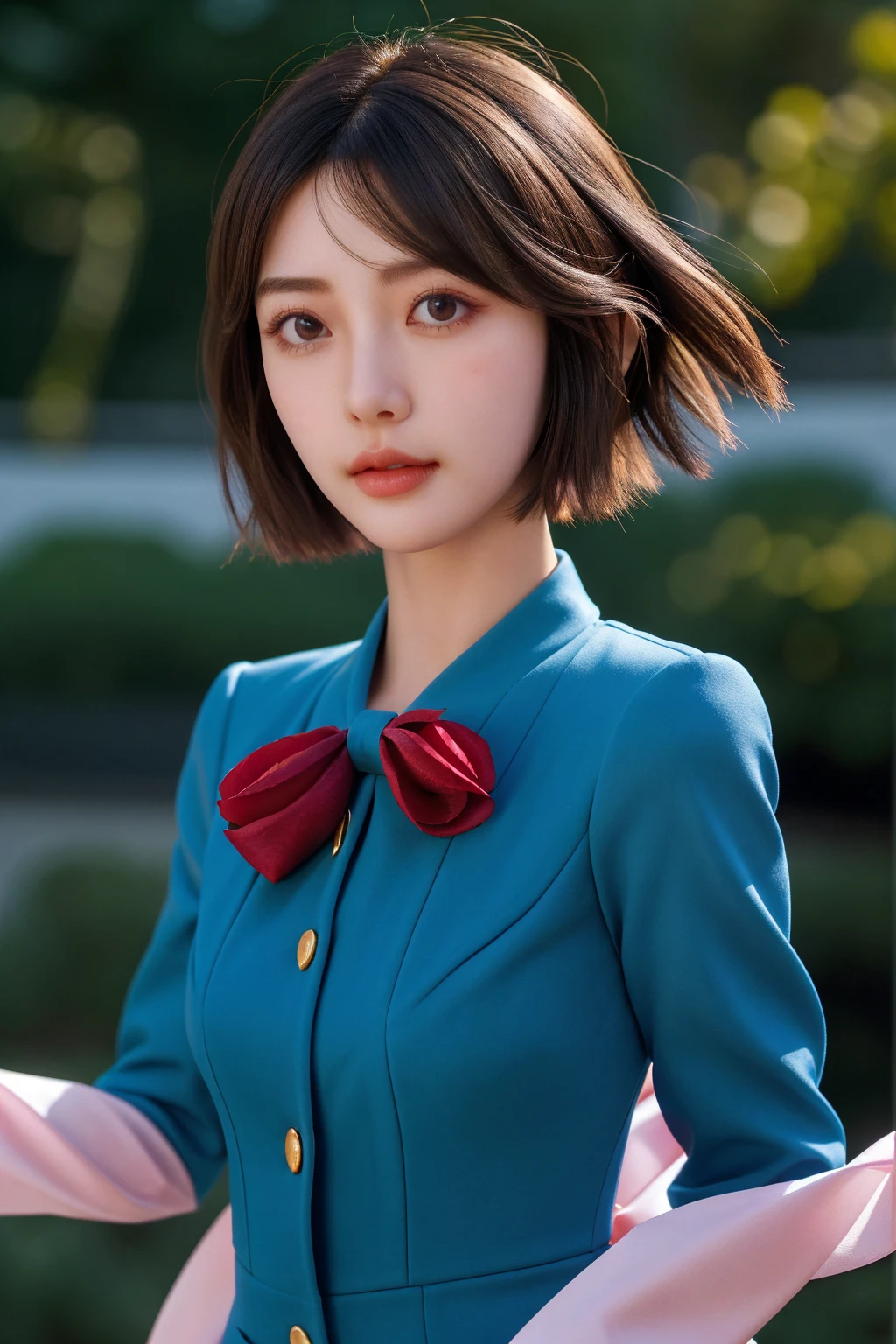 (Dynamic Angle:1.3), Extreme close up, the wind is strong, Movie highlights, One girl, Upper Body,dancing, View your viewers, Rose Garden, alone, brooch, Brunette_hair( very short hair:1.2), sleeve, ribbon, Jacket, dress, gem, hair_ribbon,null, 