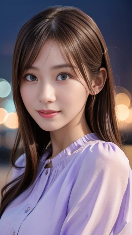 1 girl,(Wearing a lilac blouse:1.2),(Raw photo, highest quality), (realistic, Photoreal:1.4), table top, Very delicate and beautiful, very detailed, 2k wallpaper, wonderful, In detail, Very detailed CG Unity 8K wallpaper, very detailed, High resolution, soft light, Beautiful detailed girl, very detailed目と顔, beautifully detailed nose, detailed and beautiful eyes,Cinematic lighting,night city lights,perfect anatomy,Slender body,smile