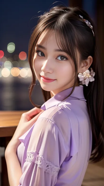 1 girl,(wearing a lilac blouse:1.2),(raw photo, highest quality), (realistic, photoreal:1.4), table top, very delicate and beaut...