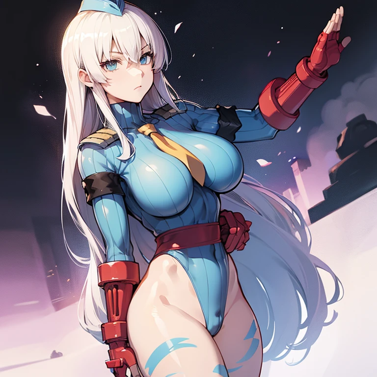 best detailed, Highly detailed,Beautiful body,Beautiful Nose,perfect eyes,perfect face,ultra highres,beautiful legs,Perfect hands,Masterpiece,illustration,,perfect anatomy,street fighter,doll suit,shadaloo doll,dollsuit,expressionless,empty eyes,blank eyes,looking at viewer,red gloves,boots,emotionless,dark blue latex,corruption,mind control,female combatant,full body,hypnotized,unhappy trance,full body suit,obey,extremely glossy latex,hypnosis,hypnoLora,Slave,necktie,yellow tie,standing,Fighting Stance,(salute),military,dark persona,(((pixel-perfect, detail-perfect))),(solo),1girl,white hair,long hair, blue eyes,huge breasts