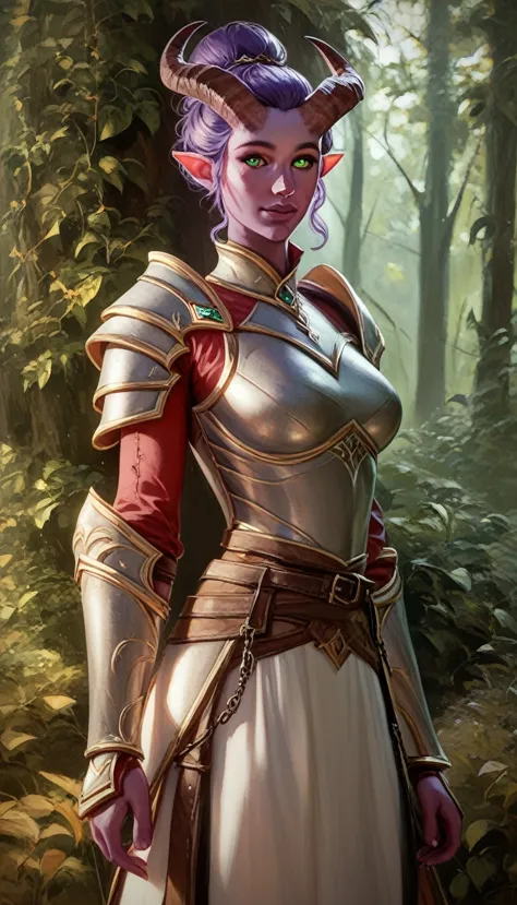 a fat purple-skinned tiefling female，robust，tall and mighty，brown horns，purple hair，hair bun，frontal image，green eyes，3/4. body，...