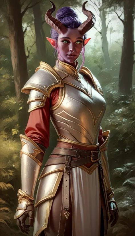 a fat purple-skinned tiefling female，robust，tall and mighty，brown horns，purple hair，hair bun，frontal image，green eyes，3/4. body，...