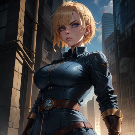 leslie,bangs,two-tone hair,undercut,blue eyes,
gloves,shirt,black jacket,belt,
standing,upper body,serious,
metropolis,morning,
...