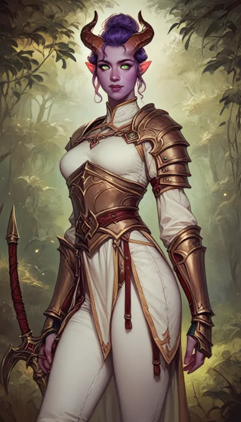 a fat purple-skinned tiefling female，robust，tall and mighty，brown horns，purple hair，hair bun，frontal image，green eyes，3/4. body，...