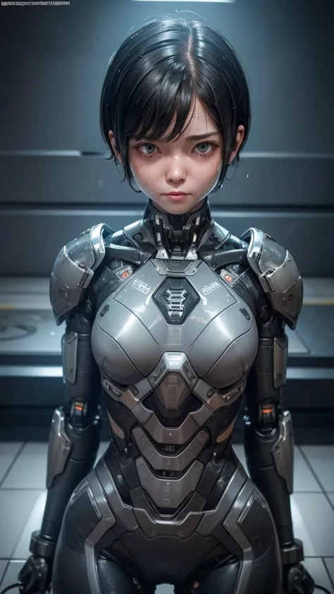 highest quality　8k cyborg suit girl　heavy armor　　elementary school girl　sweaty face　cute　boyish short hair　very short hair　steam...