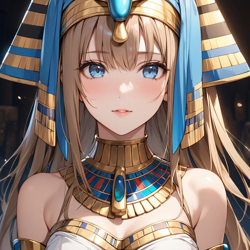 ((Highest quality)), ((masterpiece)), (detailed), （Perfect Face）、The woman who represents Tutankhamun in ancient Egypt is Yuuki Asuna, with light brown, semi-long hair.、The woman is dressed as Tutankhamun, an ancient Egyptian.、Tutankhamun&#39;s hat、Dress up in glittering ancient Egyptian accessories