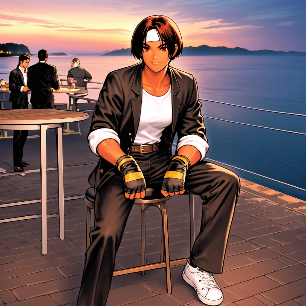 One person,woman,short hair,Dark Skin,Red eyes,（black jacket with sleeves rolled up）,Fingerless gloves,White T-shirt, （White headband on forehead）,Black trousers,White shoes,Brown belt,cute,Indoor Party,Charm Points,Ocean View,Slightly large chest,Outdoor,high quality,good looking,A confident smile,Dining with friends on the terrace,Vibrant atmosphere,Sit on a chair,Crossing legs,Place your hands on your knees