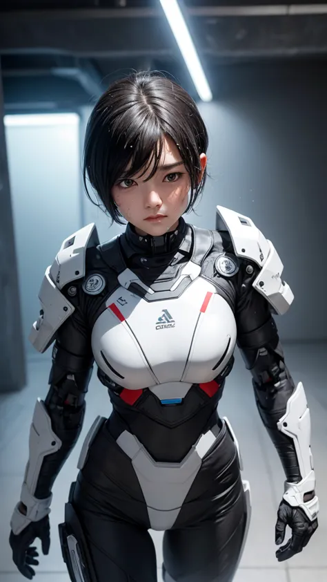 highest quality　8k cyborg suit girl　heavy armor　　elementary school girl　sweaty face　cute　boyish short hair　very short hair　steam...