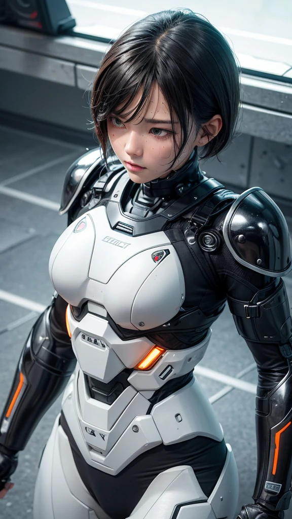 Highest quality　8k Cyborg Suit Girl　Heavy Armor　　Elementary school girl　Sweaty face　cute　Boyish short hair　Very short hair　Steam coming out of my head　My hair is wet with sweat　Black Hair　Broken and unable to move　　Lying down　Soaked Face　My crotch is wet