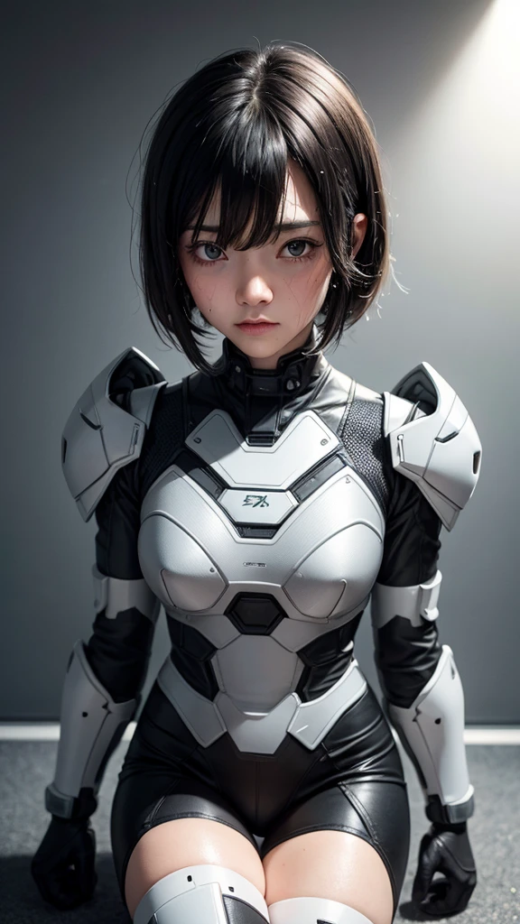 Highest quality　8k Cyborg Suit Girl　Heavy Armor　　Elementary school girl　Sweaty face　cute　Boyish short hair　Very short hair　Steam coming out of my head　My hair is wet with sweat　Black Hair　Broken and unable to move　　Lying down　Soaked Face　My crotch is wet