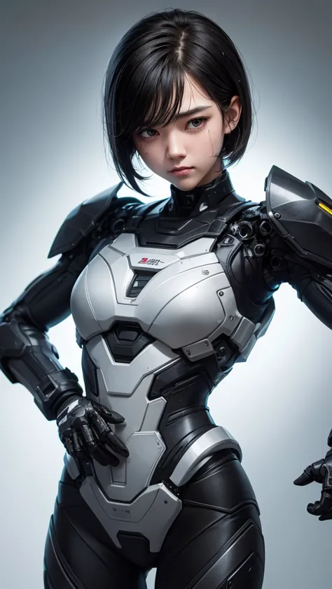 highest quality　8k cyborg suit girl　heavy armor　　elementary school girl　sweaty face　cute　boyish short hair　very short hair　steam...