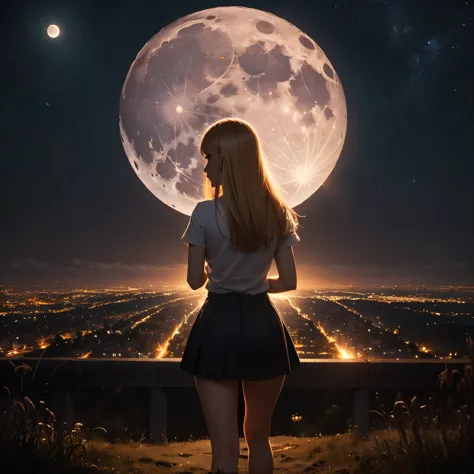 arafed blond girl in miniskirt stay on top of a hill and looks at the lights of a city and a big moon rises in the background. c...