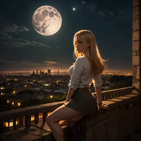 arafed blond girl in miniskirt stay on top of a hill and looks at the lights of a city and a big moon rises in the background. c...