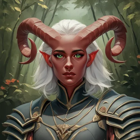 a thin, red-skinned tiefling female，big horn，white hair，green eyes，3/4. body，the background is a forest，warrior suit，black armor...