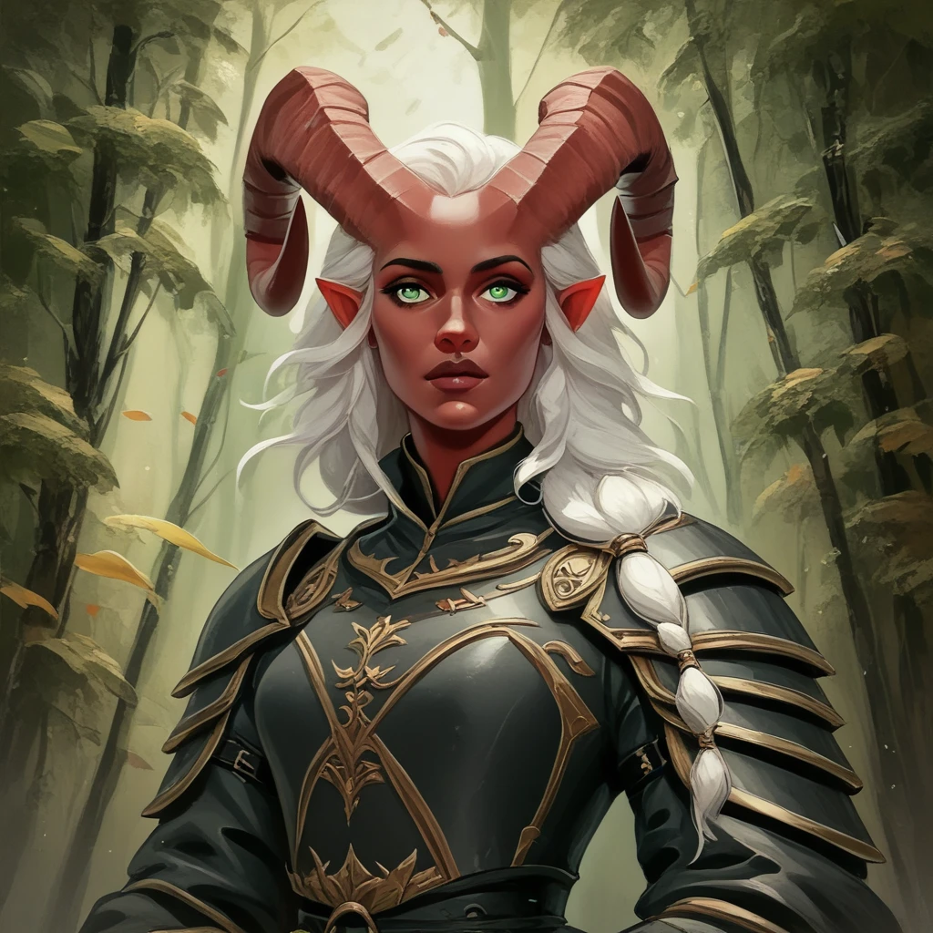 A thin, red-skinned tiefling female，Big Horn，White hair，Green Eyes，3/4. Body，The background is a forest，Warrior Suit，Black Armor，Saint Samurai