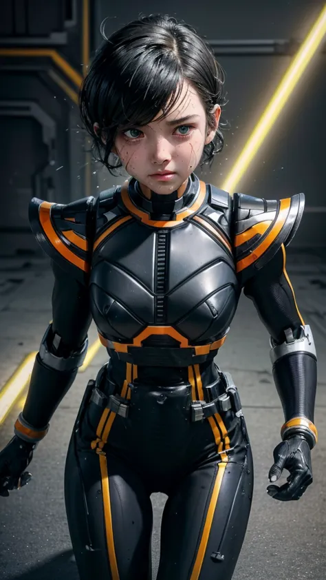 highest quality　8k cyborg suit girl　heavy armor　　elementary school girl　sweaty face　cute　boyish short hair　very short hair　steam...