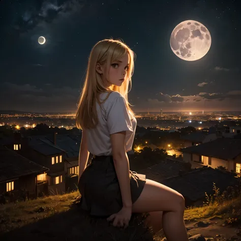 arafed blond girl in miniskirt stay on top of a hill and looks at the lights of a city and a big moon rises in the background. c...