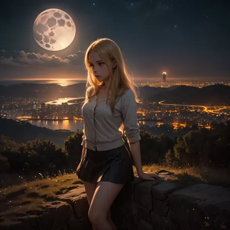 arafed blond girl in miniskirt stay on top of a hill and looks at the lights of a city and a big moon rises in the background. c...