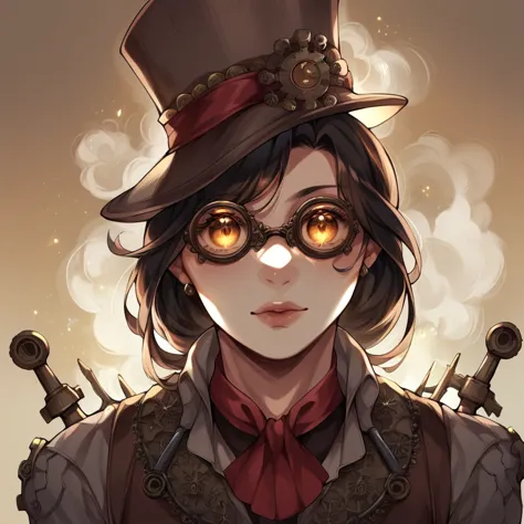 a steampunk-inspired portrait of a lady, her face partially obscured by an elaborate brass and copper mask adorned with gears an...