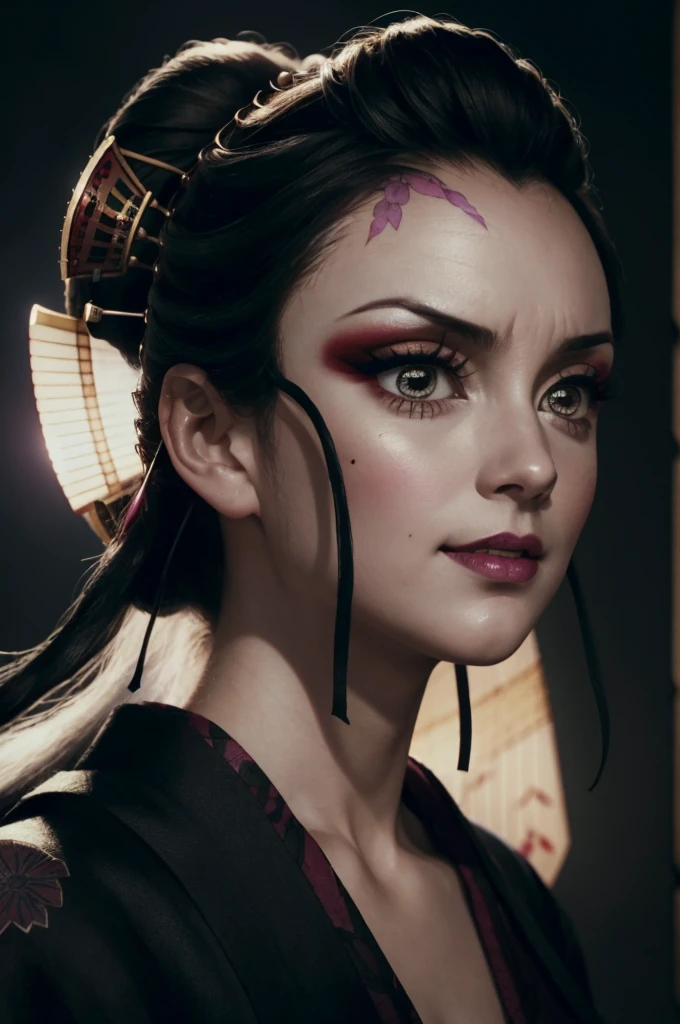 A tall samurai mature woman in realistic portrait of high quality and detail, movie style, Daki (Kimetsu no Yaiba), mature face, 43 years old, Geisha, white makeup, She has Japanese traditional hairstyle, traditional hairstyle-nihongami, black eyes, pale skin, asian girl, She is wearing a traditional Japanese pink armor, blood on her clothes, medium breast, curvy body, milf, mole on her face, dark fantasy, dark atmosphere, dramatic look, glow, eye shadow, 1girl, Depth & Perspective, angry smiling face, fine face, She's standing in the japanese street, outdoors, snow on background, winter, night time, looking at viewer, (ultra-high detail:1.2), Masterpiece, Best Quality, Ultra-detailed, Cinematic lighting, 8K, delicate features, cinematic, 35 mm lens, f/1.9, highlight lighting, global lighting –uplight –v 4, cinematic, Cinematic lighting, 8K, high quality, Highest Quality, (Solo Focus), (extremly intricate:1.3), (Realistic), masterful, Analog style, (Film grain:1.5), (cold tone),