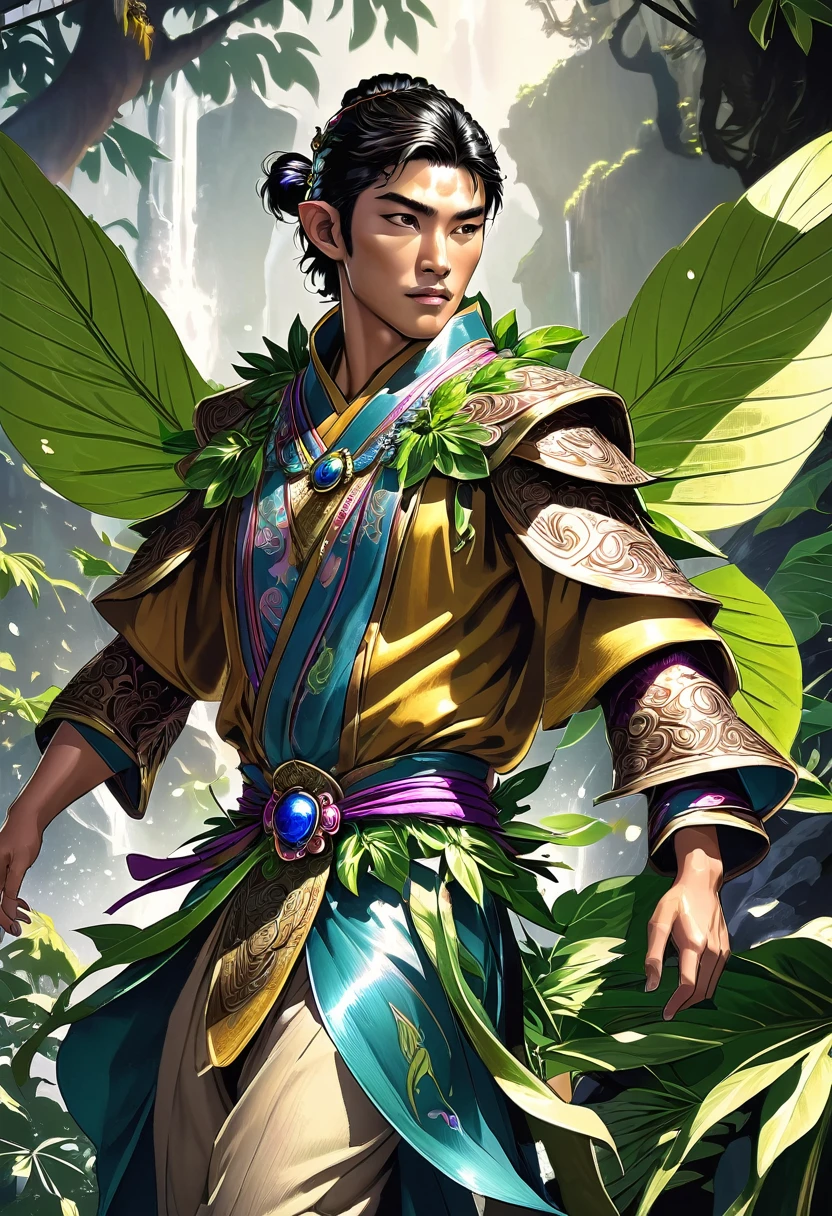 a 27 year old asian male fairy, a monk wearing ornament clothes, hawaiian leaves around his waist, sexy and confident, best quality, masterpiece, extremely detailed, dungeons and dragons, highly detailed face, intricate clothing details, dynamic pose, cinematic lighting, vibrant colors, seamless blend of fantasy and realism, dramatic atmosphere, award winning digital art