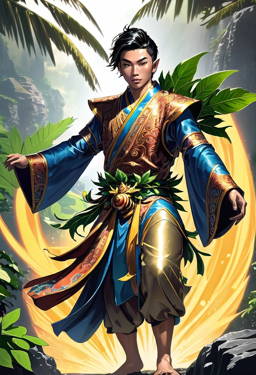 a 27 year old asian male fairy, a monk wearing ornament clothes, hawaiian leaves around his waist, sexy and confident, best quality, masterpiece, extremely detailed, dungeons and dragons, highly detailed face, intricate clothing details, dynamic pose, cinematic lighting, vibrant colors, seamless blend of fantasy and realism, dramatic atmosphere, award winning digital art