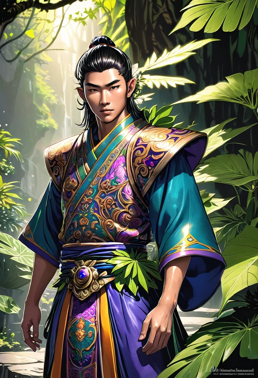 a 27 year old asian male fairy, a monk wearing ornament clothes, hawaiian leaves around his waist, sexy and confident, best quality, masterpiece, extremely detailed, dungeons and dragons, highly detailed face, intricate clothing details, dynamic pose, cinematic lighting, vibrant colors, seamless blend of fantasy and realism, dramatic atmosphere, award winning digital art