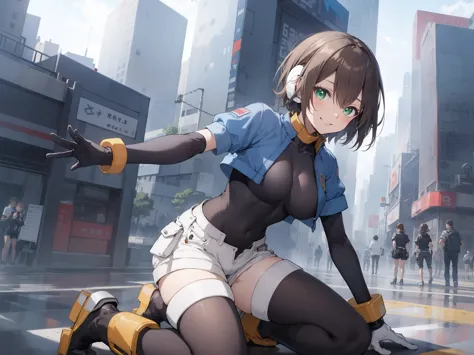 aile_megamanzx, kneeling with one hand on the ground and the other arm raised, 1girl, solo, short hair, brown hair, short sleeve...