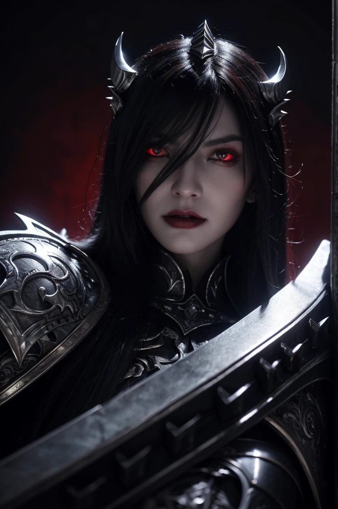 a high fantasy digital painting of an elder vampire, hyper detailed face, piercing red eyes, sharp fangs, long black hair, ornate silver armor, dark gothic cape, dramatic lighting, cinematic composition, epic fantasy, dramatic mood